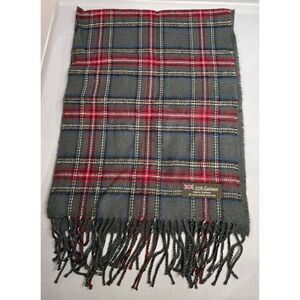 Vintage Gray & Red Tartan 100% Cashmere Scarf With Fringe old money warm soft